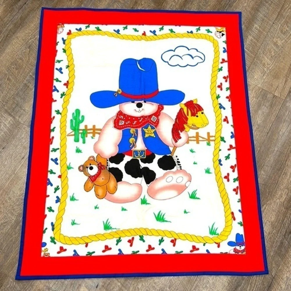 Hand Made Quilt cowboy teddy bear flannel back throw blanket 41x33 finished